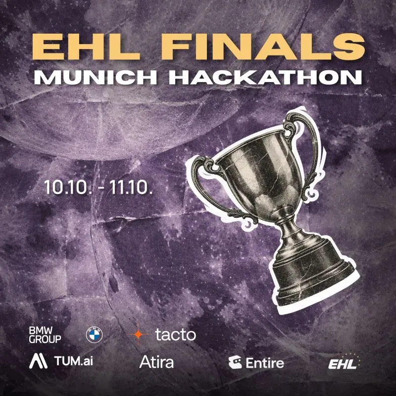 Our poster for the league's finals in Munich: a silver trophy on violet, with the partners BMW Group, tacto, Atira and Entire